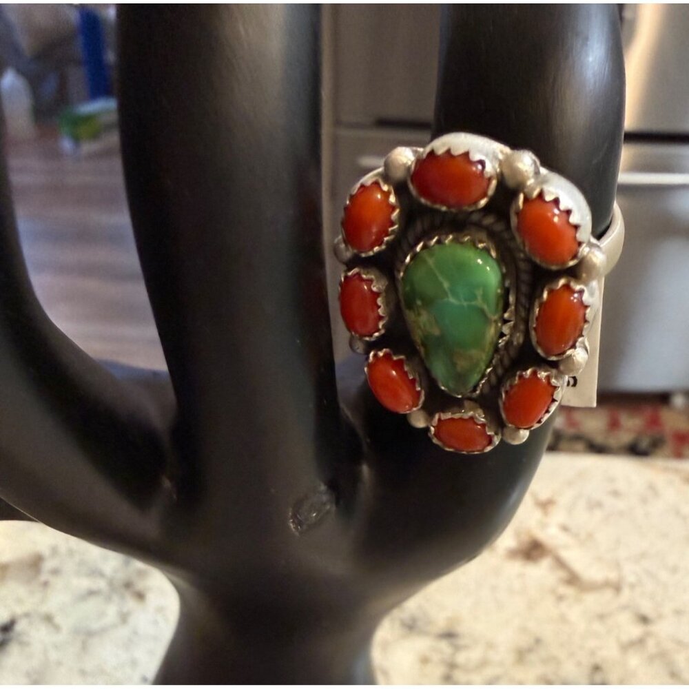 Artisan Sonoran Mountain Turquoise Red Coral Sterling Silver Cluster Adjust Ring